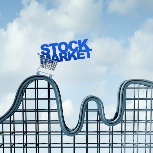 Volatile stock market and economic volatility with fluctuation of price with the rise and fall of financial securities and IPO prices as a 3D illustration.